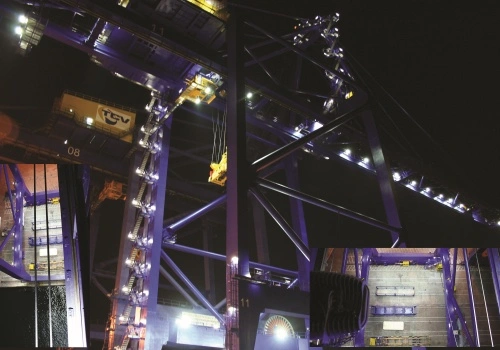 Are there specific considerations for using LED crane lights in port or shipyard environments?